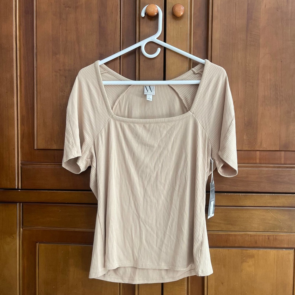 Worthington Blouse Size L Short Sleeve Shirt Crew Neck Beige New w Tags MSRP $37